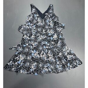 Parker Ruffle Dress Women's Medium Black Blue Floral V-Neck Sleeveless Fit Flare